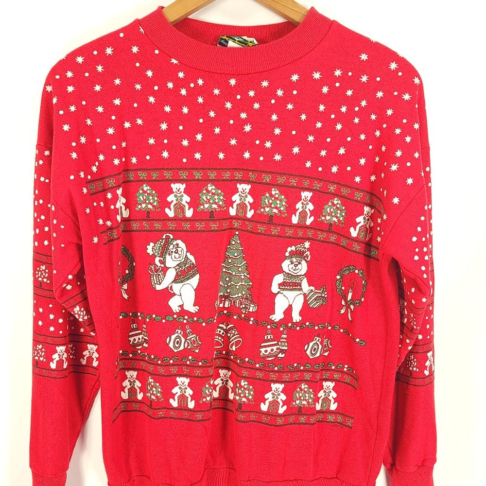 Vtg Ugly Holiday Graphic Sweatshirt Women's Med Distressed Christmas Sky Lite